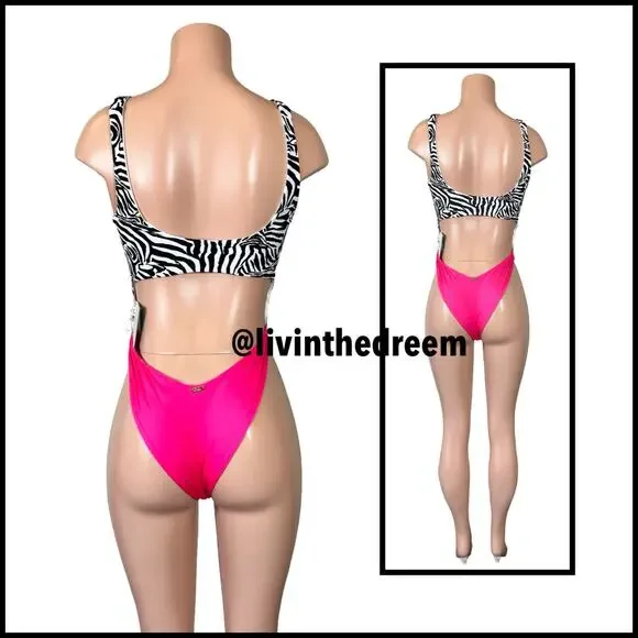 Beach Bunny Kelly Monokini One Piece Zebra Stripe and Barbie Pink SZ L $170